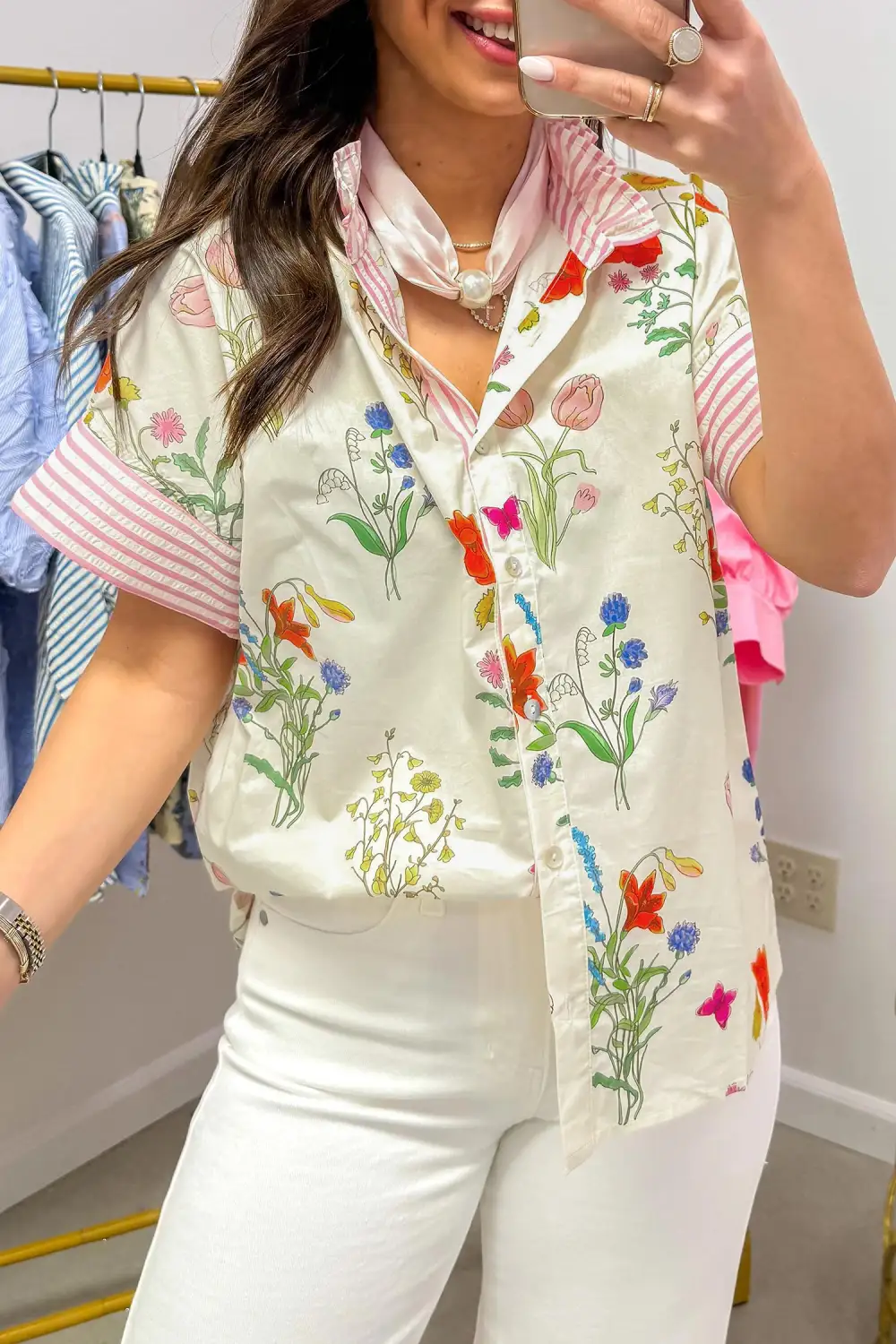 Relaxed Floral Ruffle Sleeve Casual Shirt