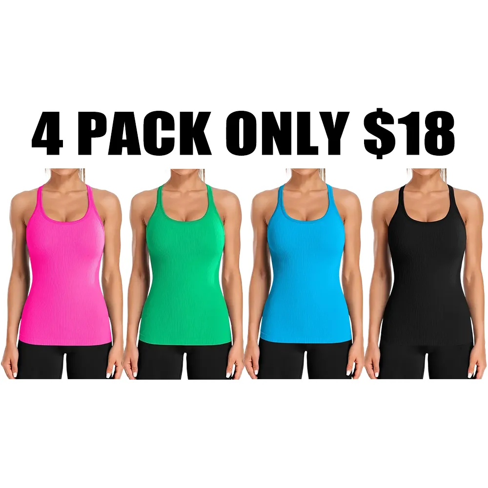 Ribbed Workout Tank Tops for Women with Built in Bra Tight Racerback Scoop Neck Athletic Top