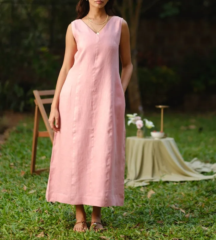 Dusty Pink Linen V-Neck Midi Dress