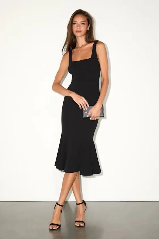 Moment Maker Black Square Neck Trumpet Midi Dress