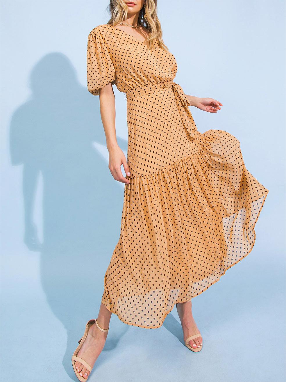 Tan Polka - Dot Wrap Midi Dress
