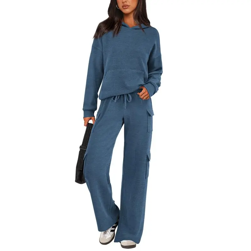 Womens Fall Outfit 2-Piece Knitted Sets Hoodie Tracksuits Wide Leg Pants With Pocket