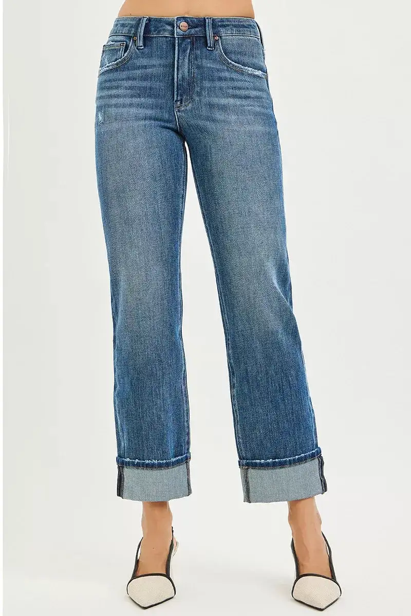 Straight Leg Stretch Cuffed Denim Jeans
