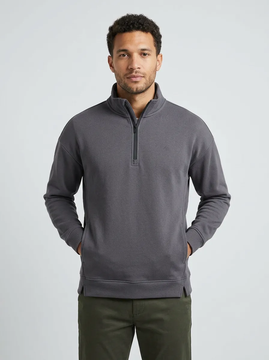 Men's Clean-Line Minimalist Textured Embroidered Emblem Stand-Collar Quarter-Zip Sweatshirt