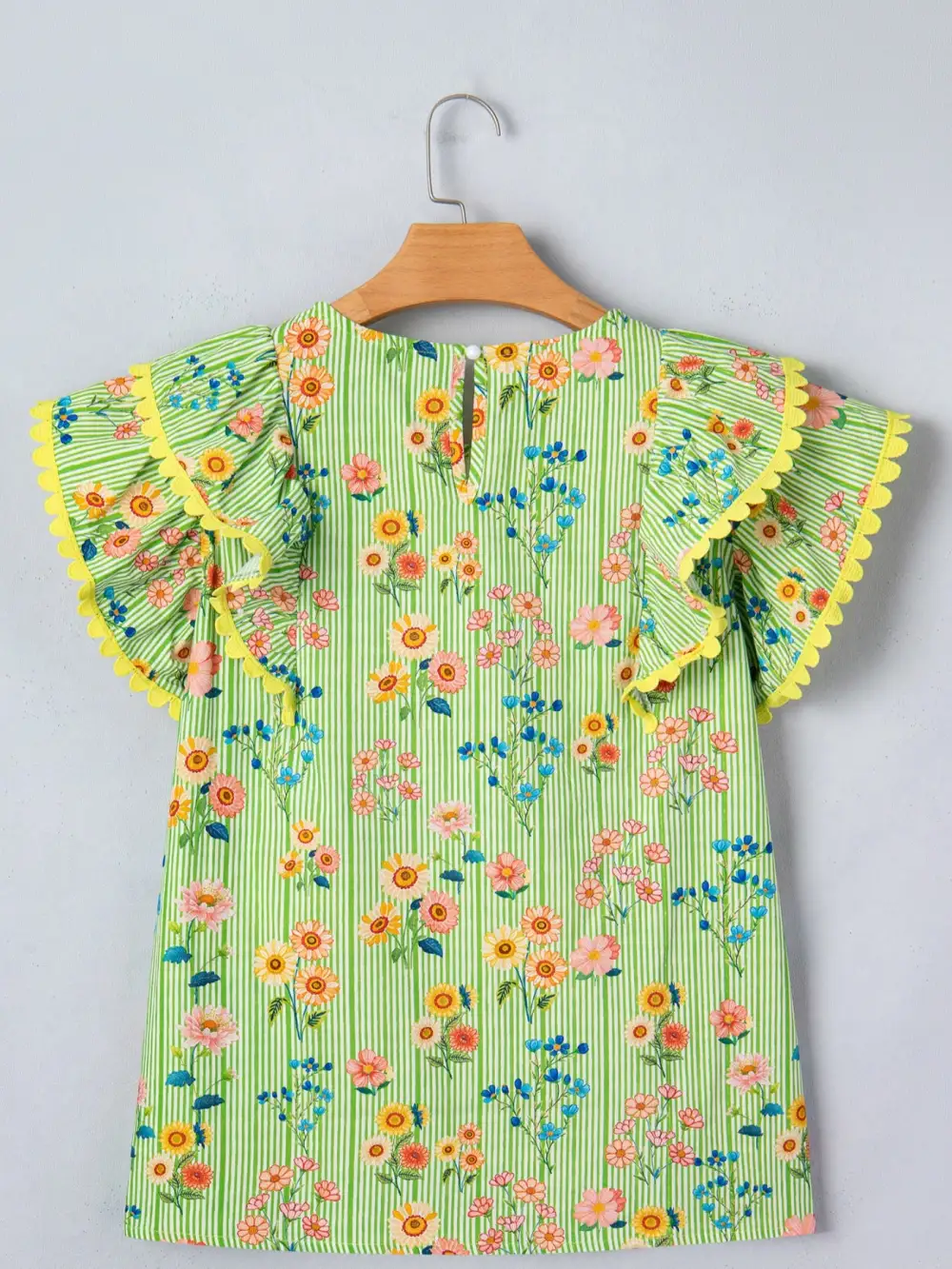 Stripe Floral Printed Scalloped Detail Ruffle Short Sleeve Blouse