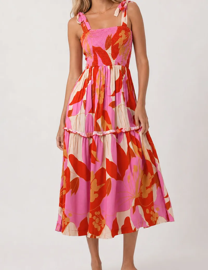 Abstract Smocked Strap Square Neck Midi Dress