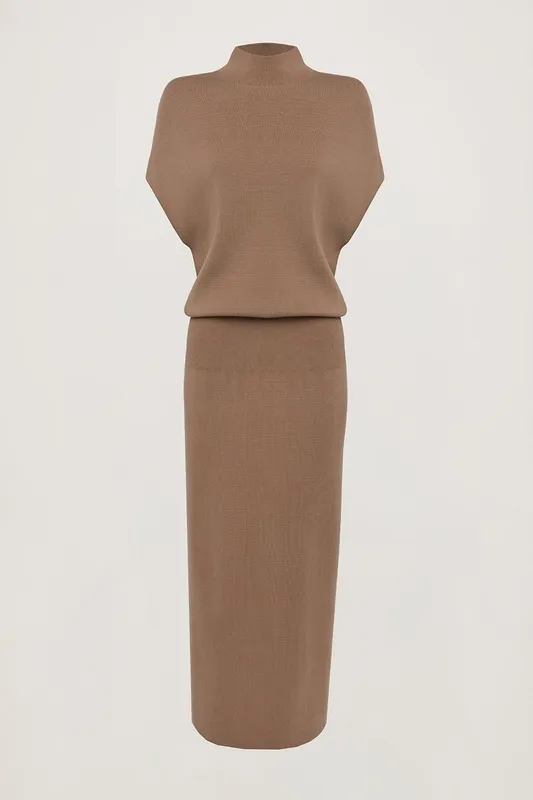 Taupe High Neck Knit Midi Dress