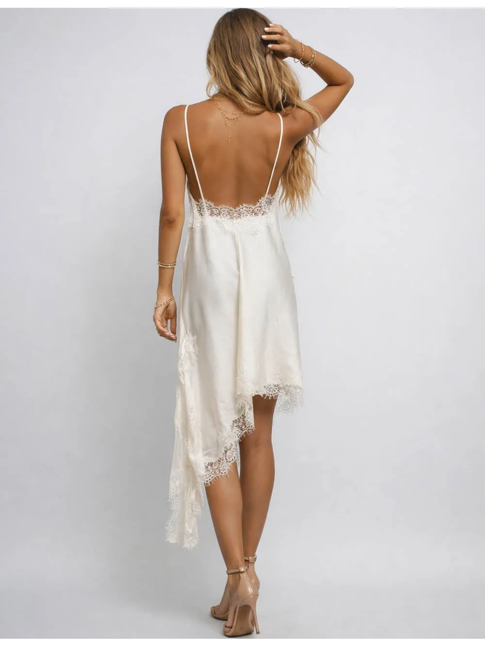 Satin V Neck Lace Trim Irregular Hem Cami Midi Dress