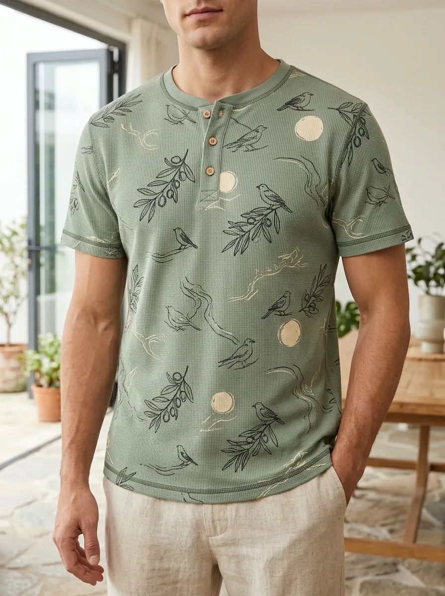 Men's Modern Nature Lover Branch Bird Henley T-Shirt