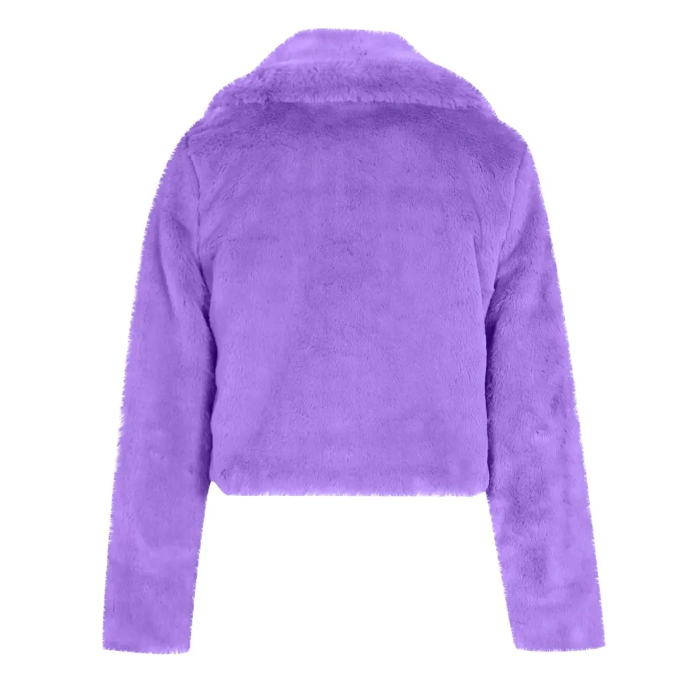 Z3-Purple Faux Fur Coat Women with Hood Cropped Bubble Coats Fleece Short Warm Jackets Plus Size Winter Coats for Women