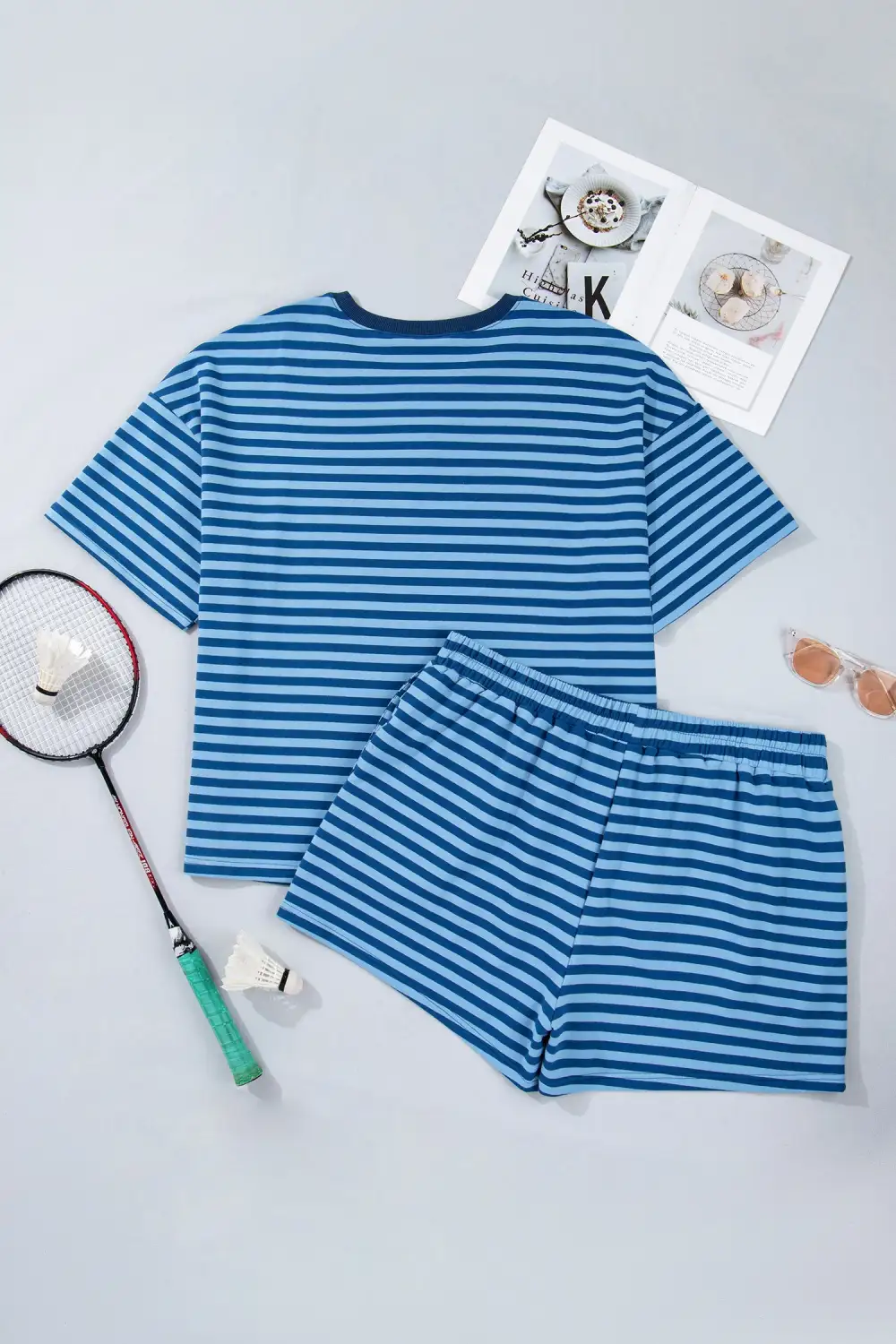 Elastic-Waist Pocketed Cotton Ribbed Two-Piece Tee and Shorts Set