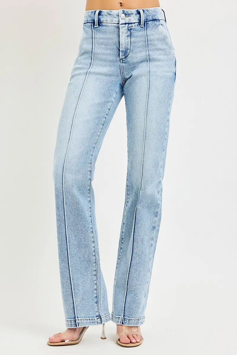 Easygoing High-Rise Washed Pocketed Stretch Straight Leg Jeans