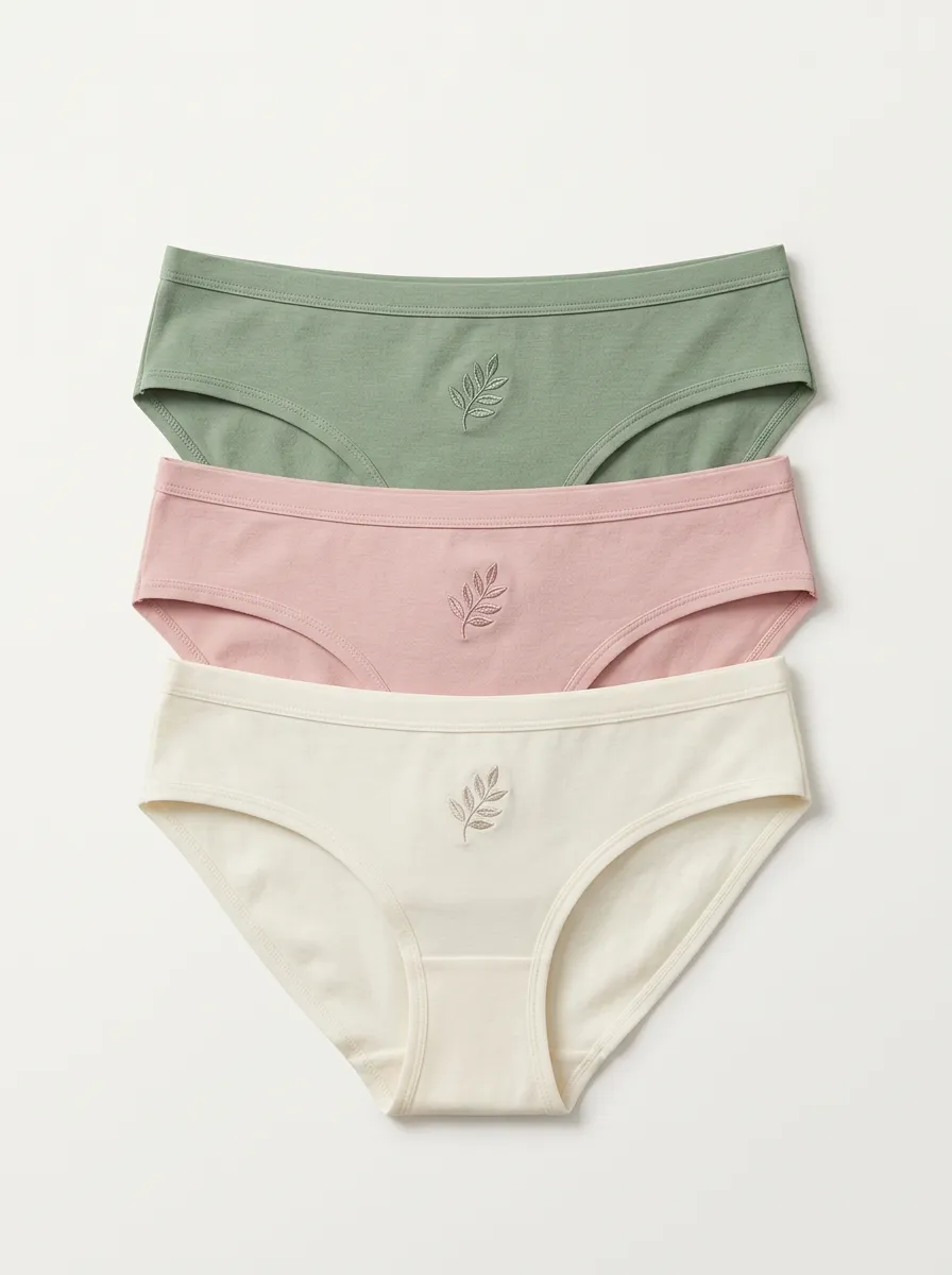 Women's Mid-Rise Center-Front Leaf Embroidered Bikini Briefs Three Pack