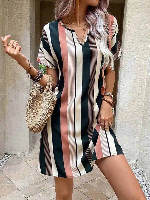 A Line High Waisted Striped V Neck Mini Dress