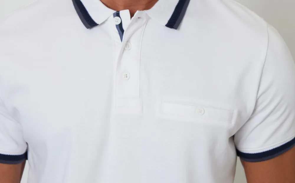 Men's White Chest Pocket Cotton Interlock Polo Shirt