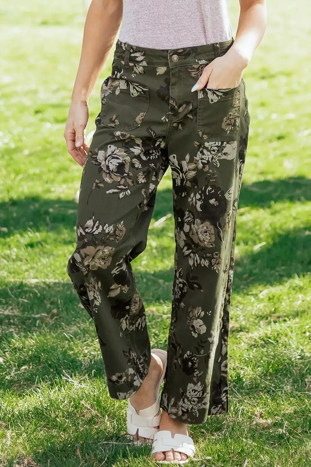High Rise Floral Print Wide Leg Jeans