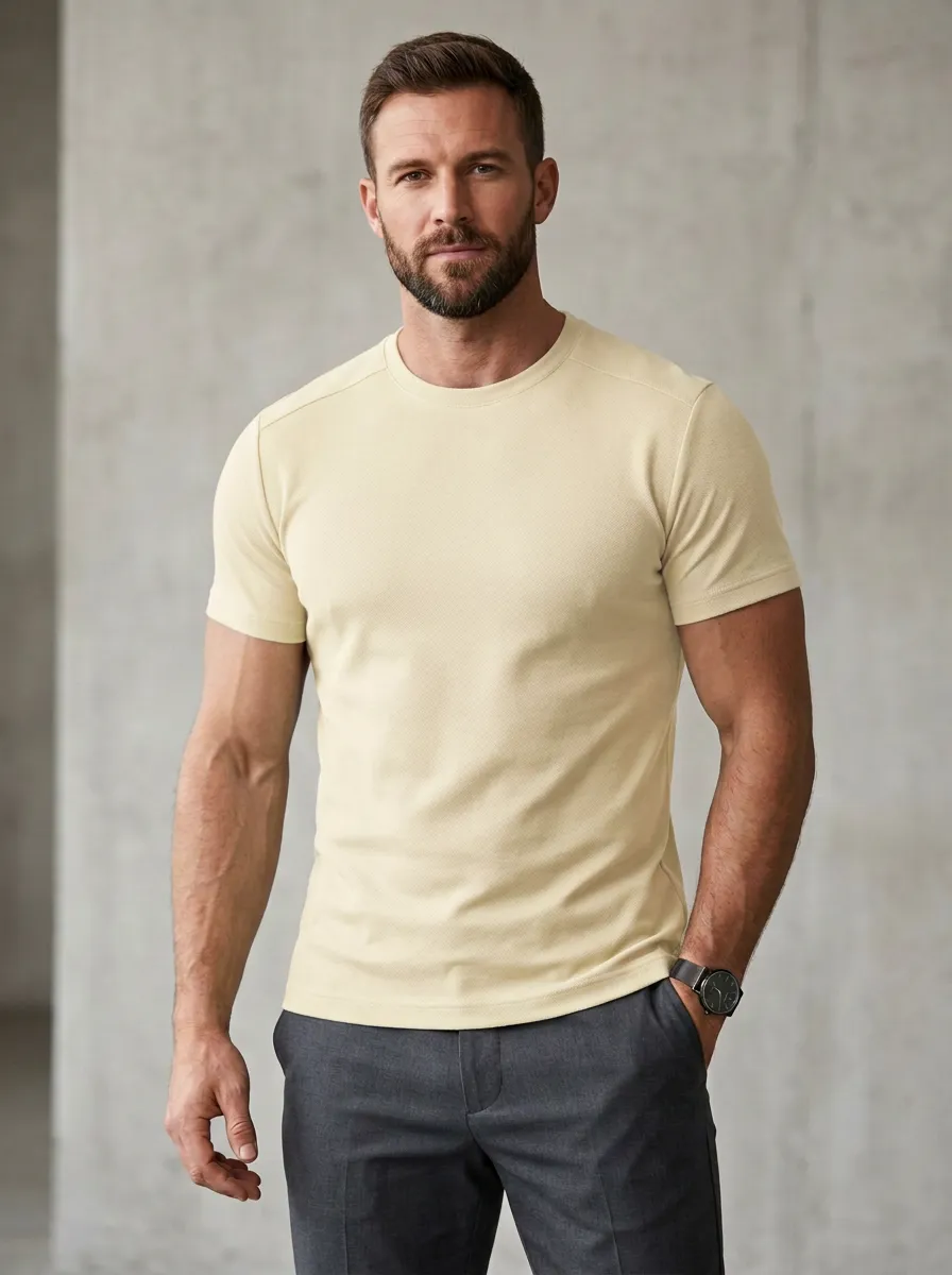 Streamlined Ribbed Crew Neck Essential Men's Slim Fit Short Sleeve T-Shirt
