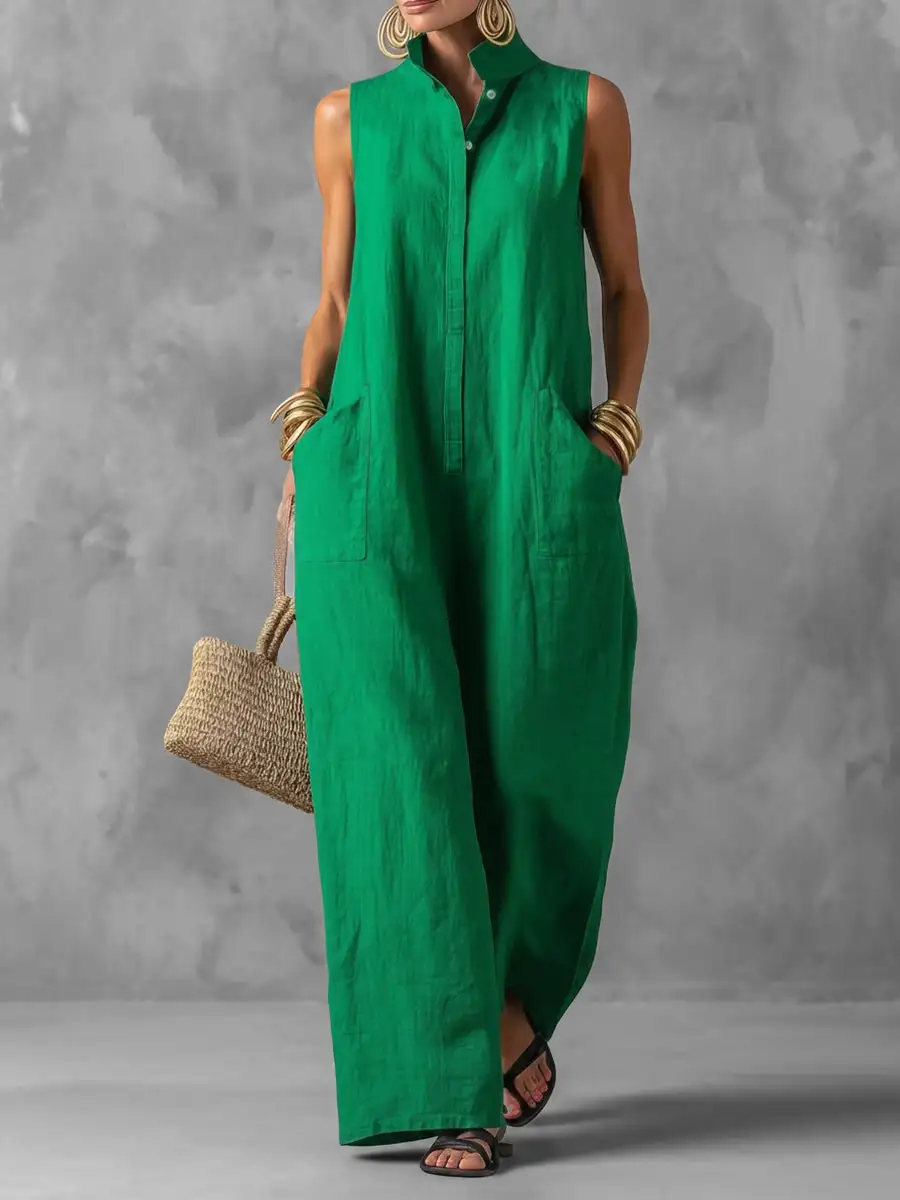 Loose Sleeveless Buttoned Pockets Solid Color Stand Collar