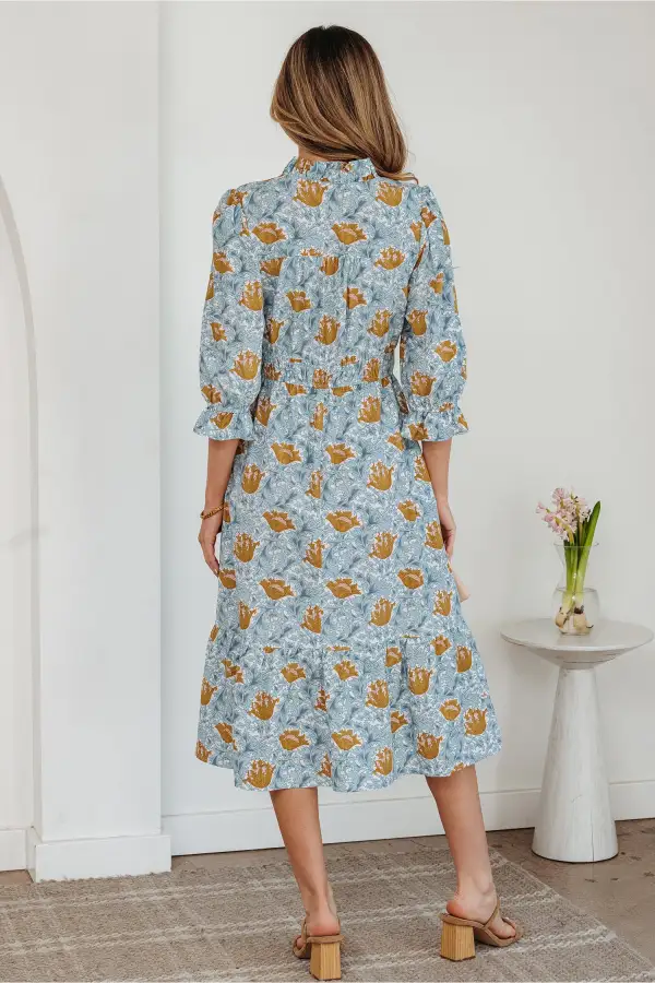Printed Frilled V Neck Bracelet Sleeve Long Dress