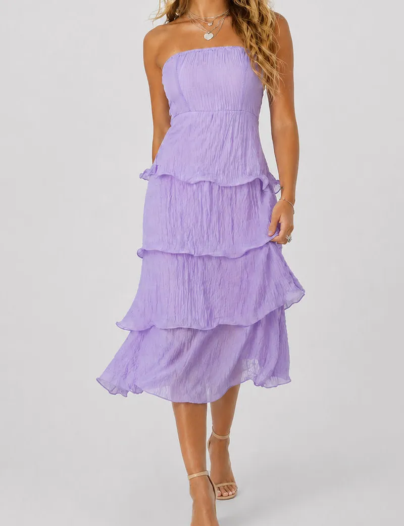 Chic Crinkle Strapless Tiered Ruffle Tube Midi Dress