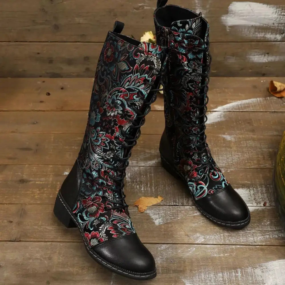 Embroidered Lace Up Block Heel Boots