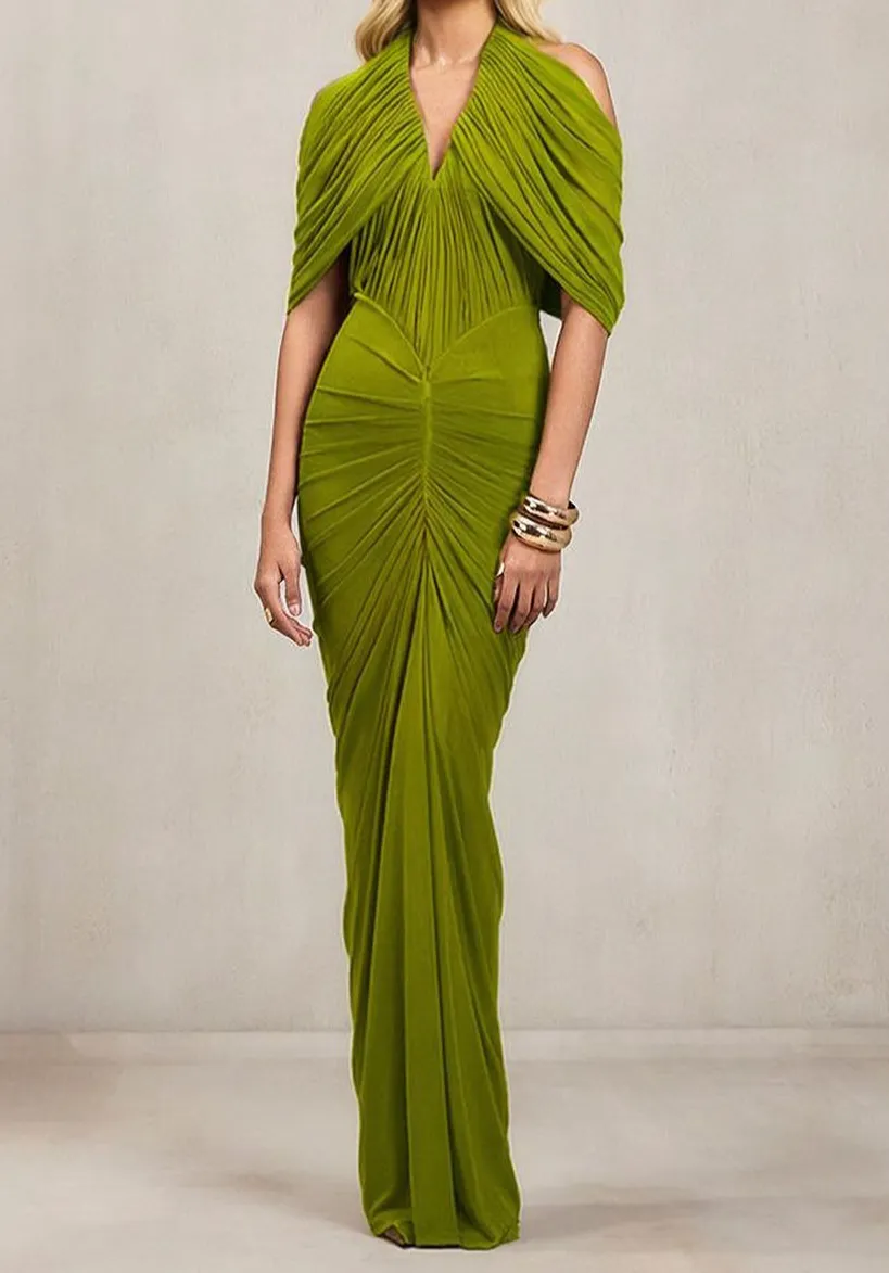 Ruched Drapedd Cape Sleeve Maxi Dress