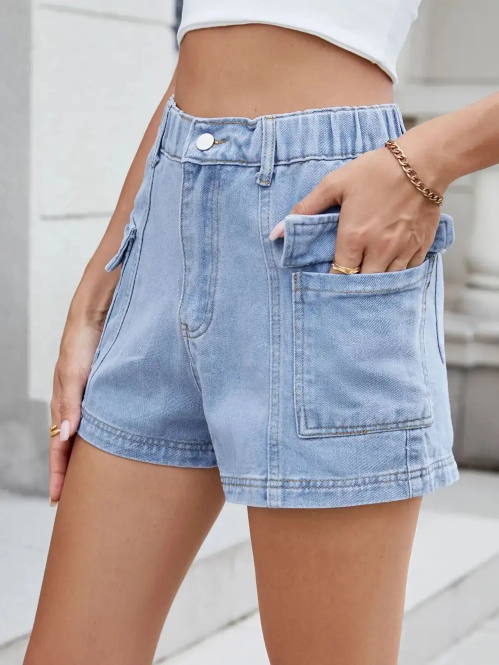 High-Waist Cargo Denim Shorts