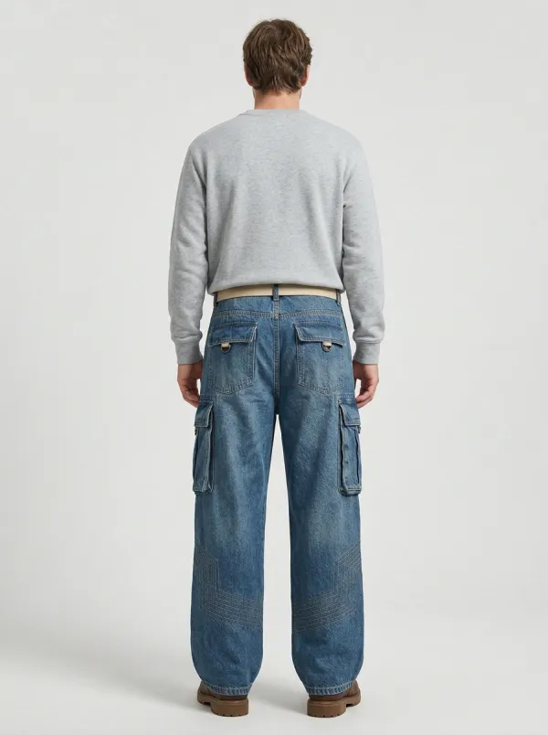 Wide Leg Stitching Detail Vintage-Inspired Men's Loose Fit Jeans