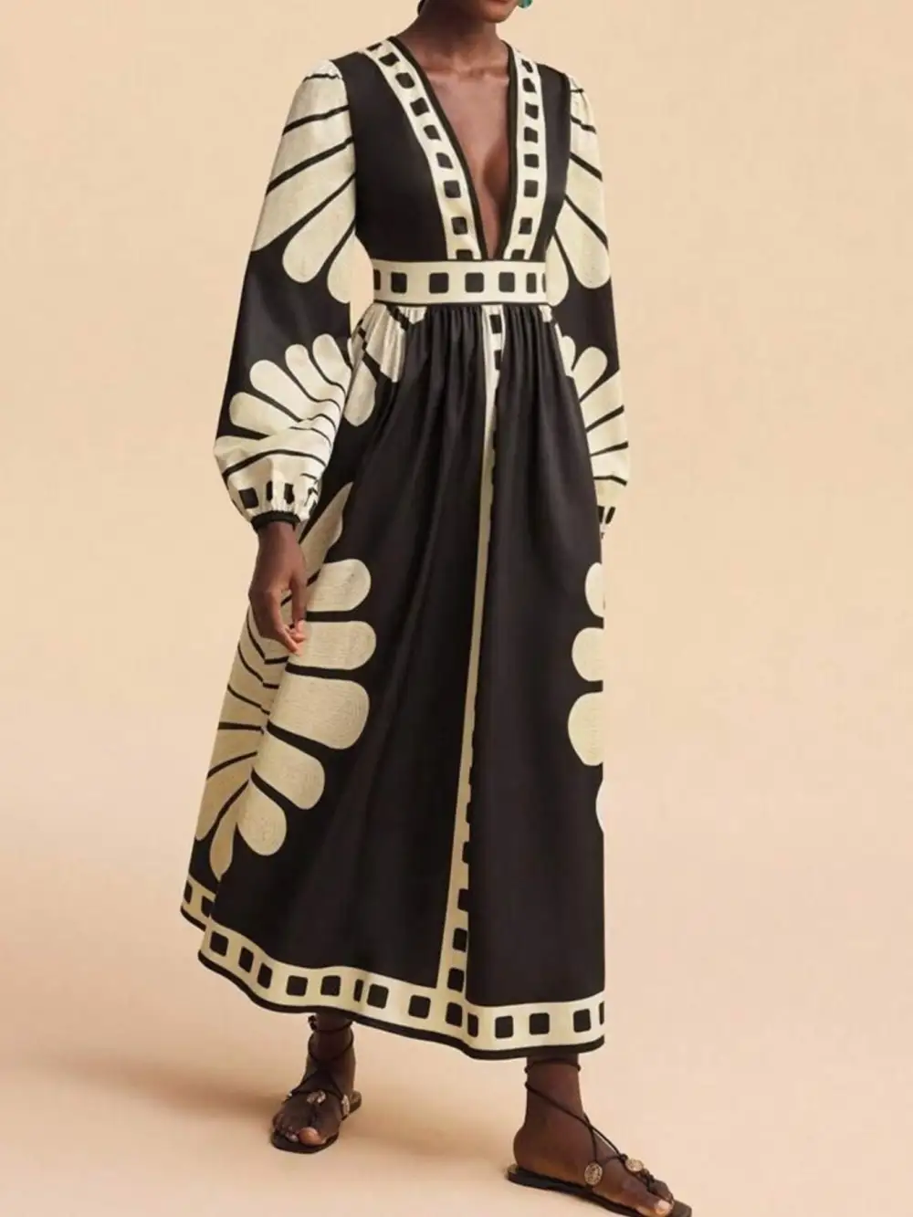 Printed Deep V Neck Long Sleeve Dress