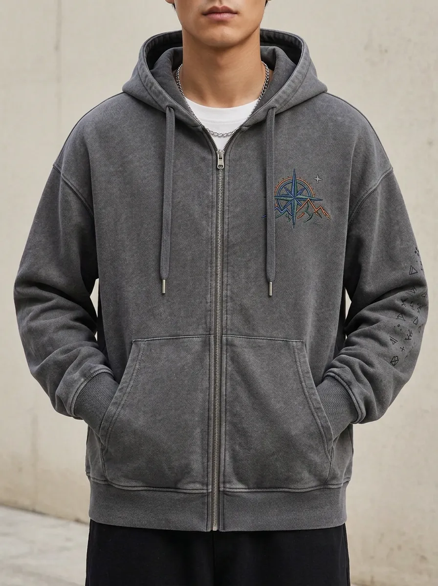 Men's Outdoor Adventure Compass Mountain Printed Zip Up Hoodie