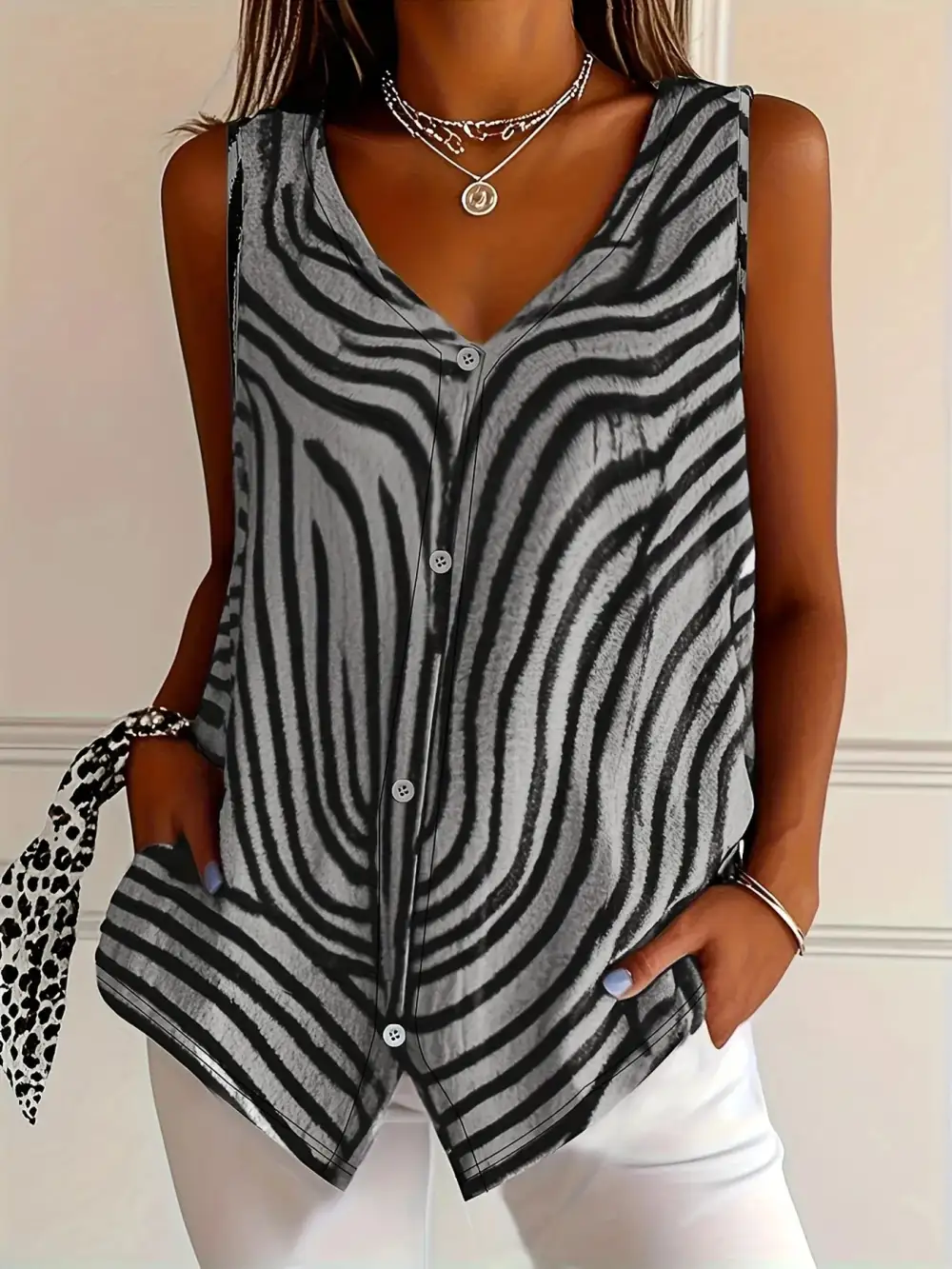 Sleeveless Zebra Print Button-Up Tank Top