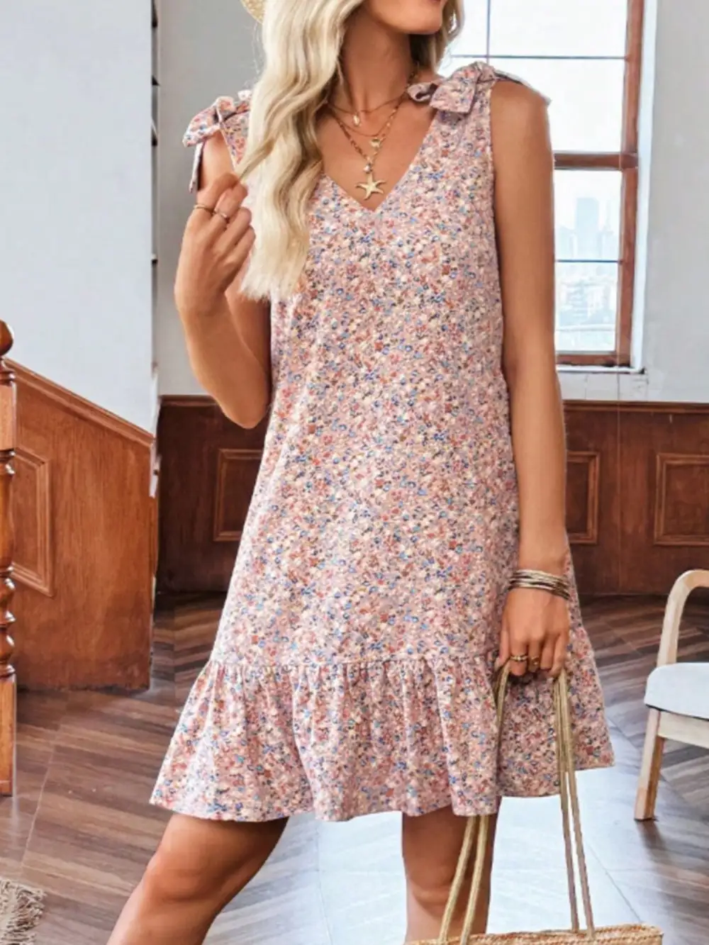 Print Tie Strap Ruffle Hem Mini Dress