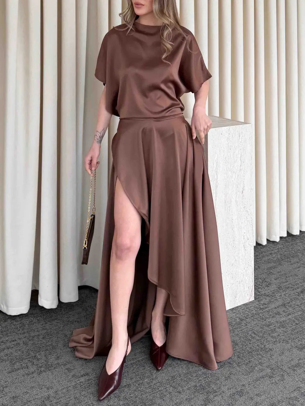 Elegant Satin Flowing Wrap Midi Dress