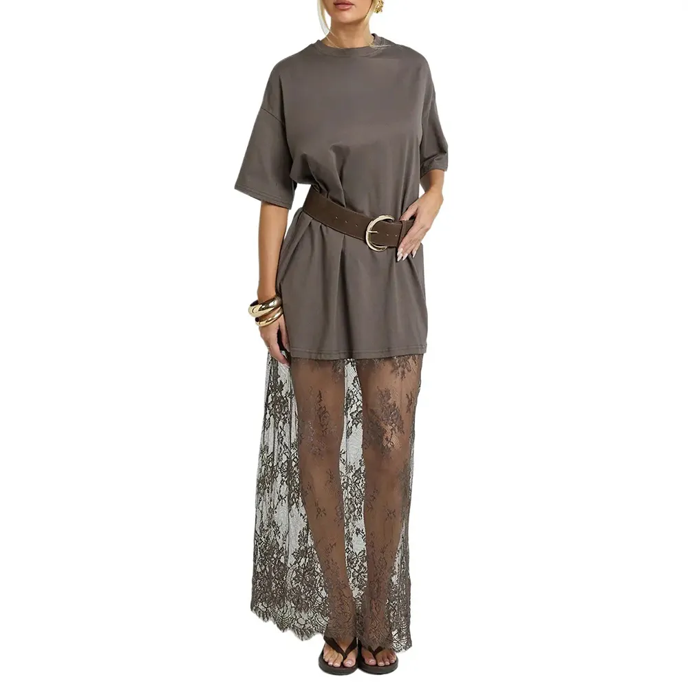 Women’s Oversized Tee Maxi Dress – Lace Hem Drop Shoulder Casual Chic