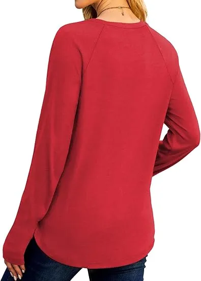 Womens Tunic Tops to Wear with Leggings Long Sleeve Thumb Hole Shirts Crew Neck Curved Hem