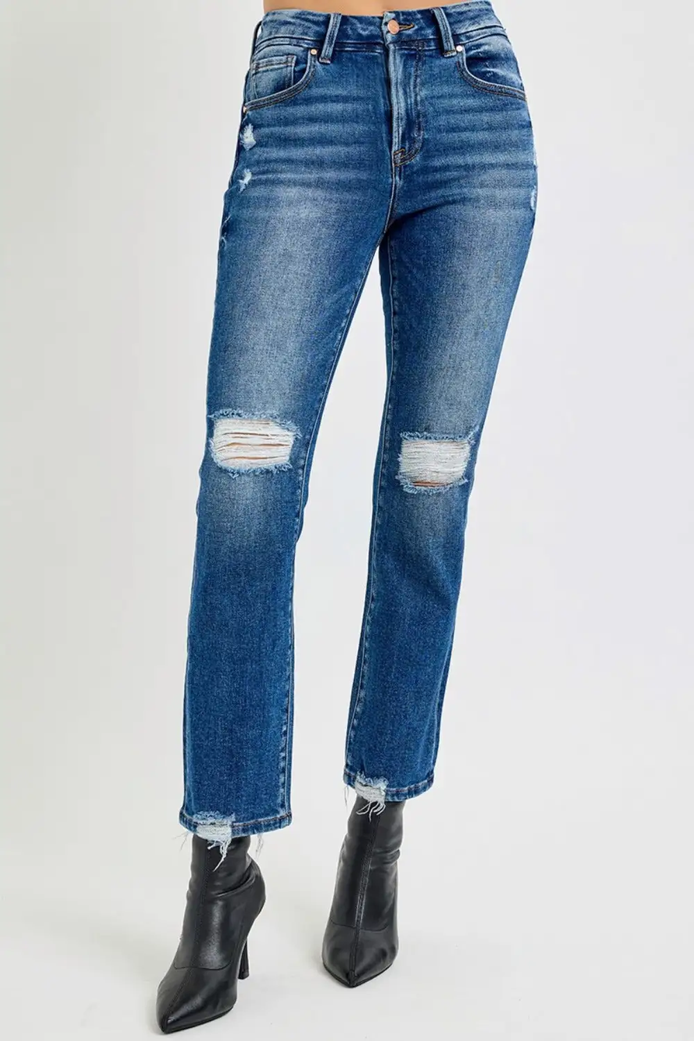 Easy High Waist Straight Leg Distressed Denim Jeans