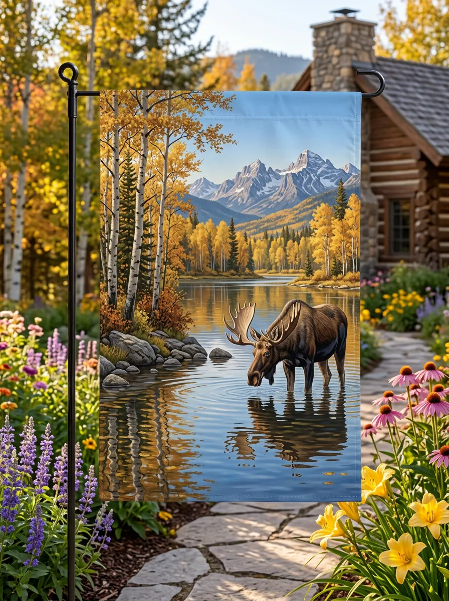 Rustic Moose Mountain Lake Outdoor Decor Flag