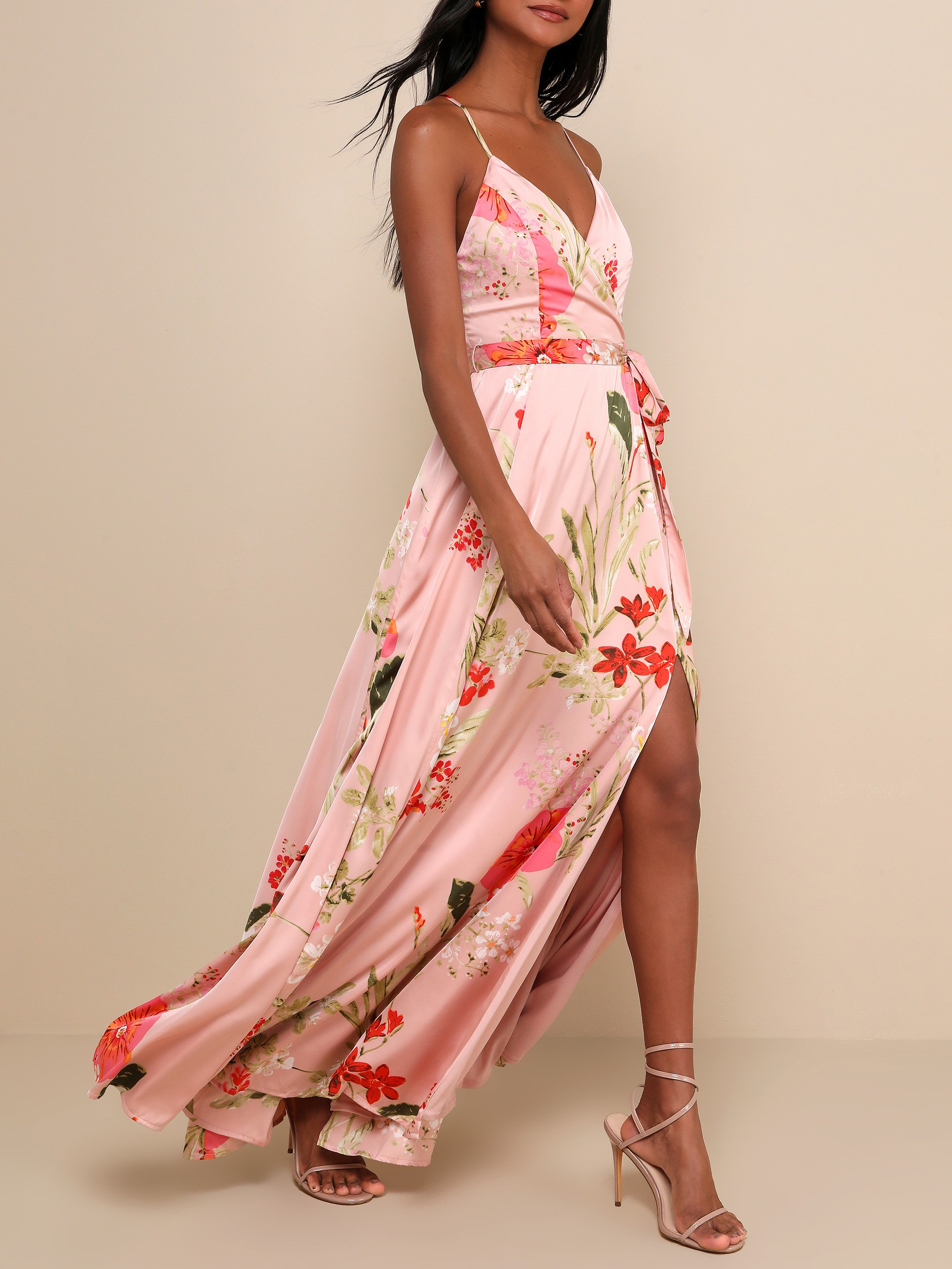 Red Floral Print Satin Maxi Dress