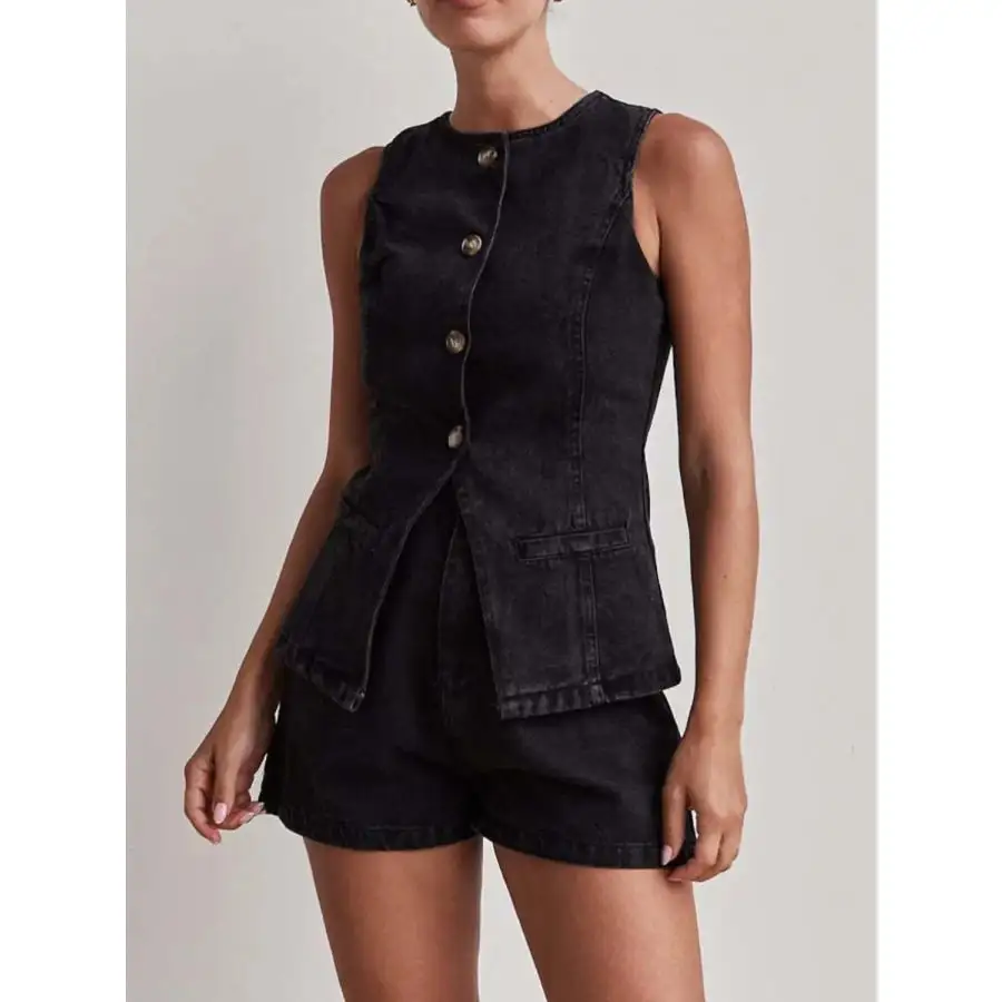 Relaxed Button Down Vest and Shorts Denim Set