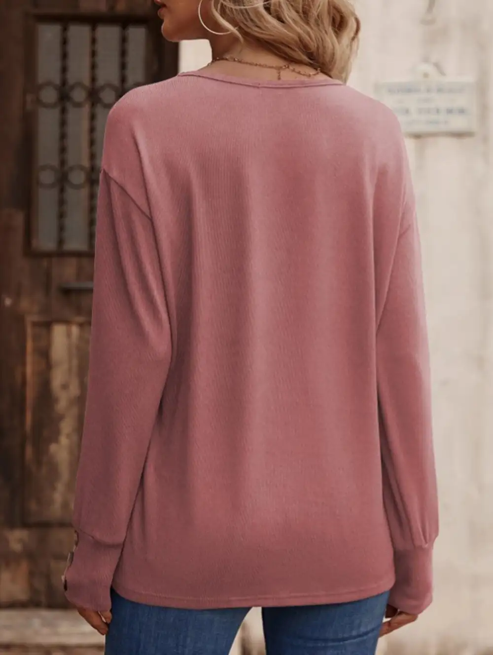 V Neck Button Loose Long Sleeve Tee