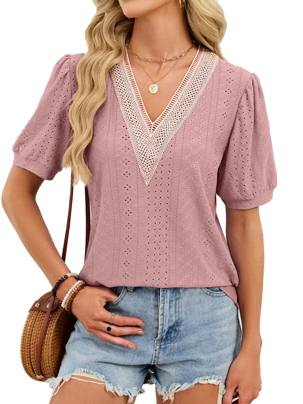 Refined V-Neck Short-Sleeve Lace-Detail T-Shirt