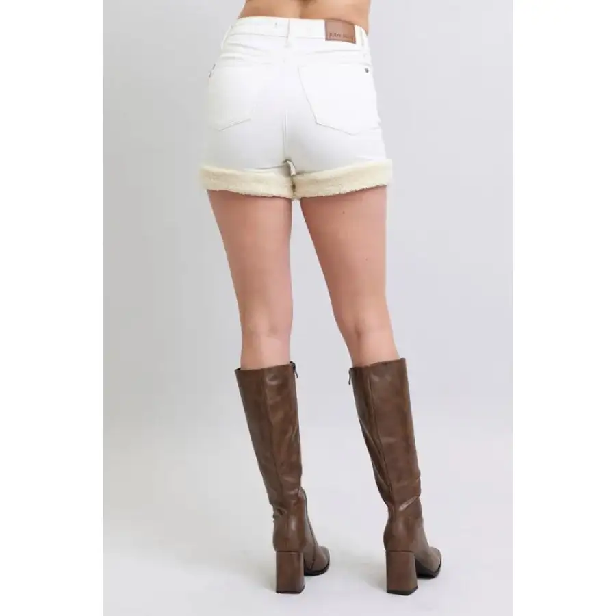 Full Size High Waist Shearling Cuff Denim Shorts Plus Size