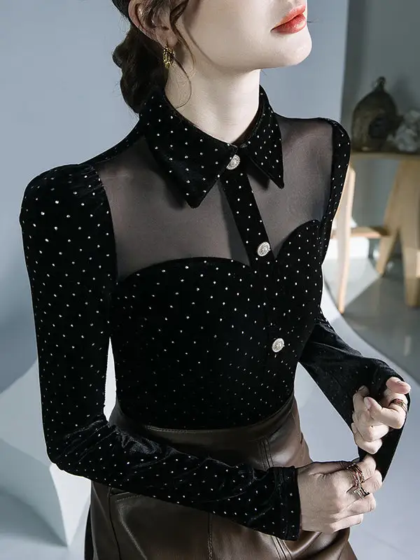 Long Sleeve Slim Fit Button Detail Polka Dot Panel Detail Lapel T-Shirt