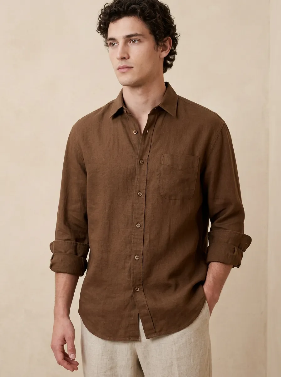 Men's Minimalist Brown Solid Color Long Sleeve Linen Shirt