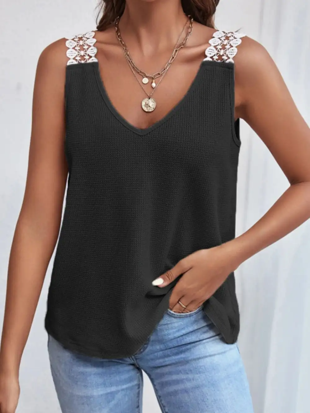 Full Size Lace Trim V Neck Waffle