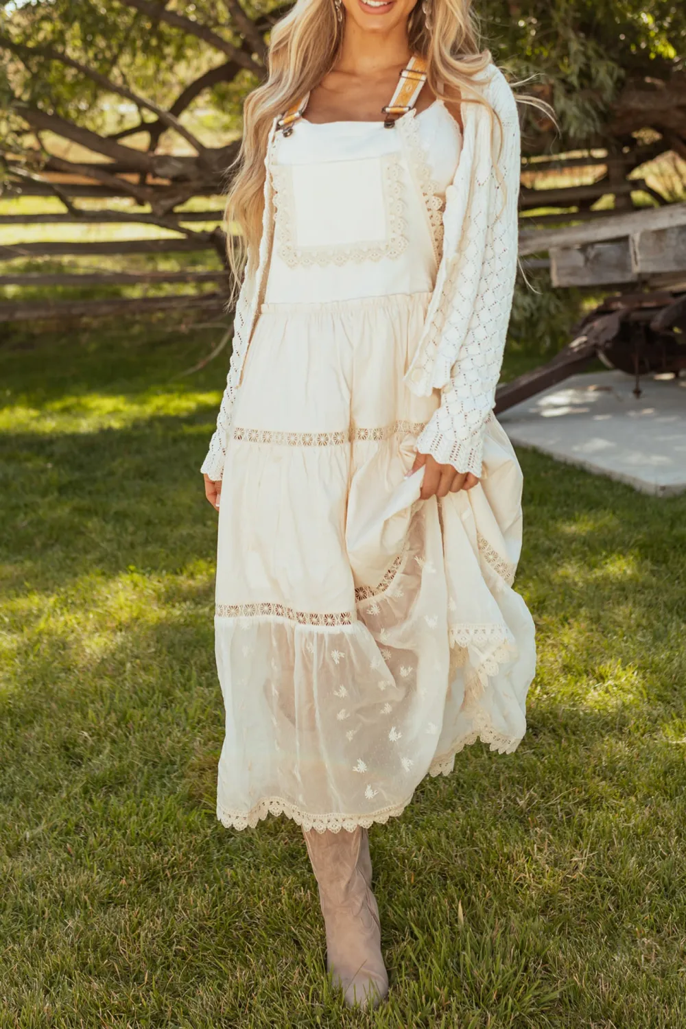 Almond Lace Tiered Overalls Maxi Dress