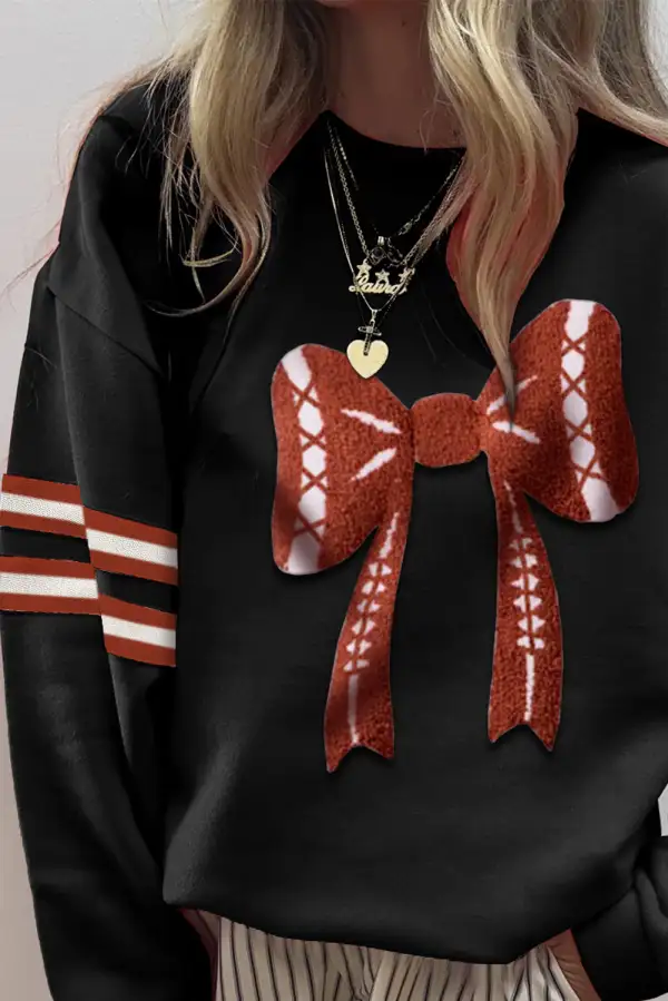 Relaxed Striped Bow Accent Graphic Sweatshirt