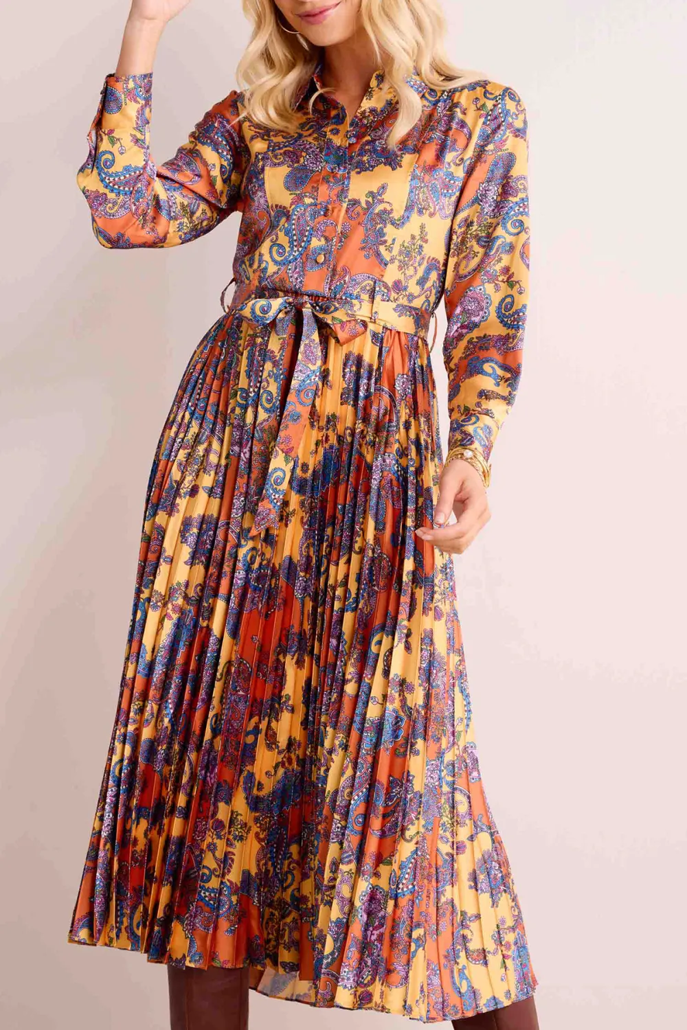 Multicolored Pleated Tie-Waist Maxi Dress