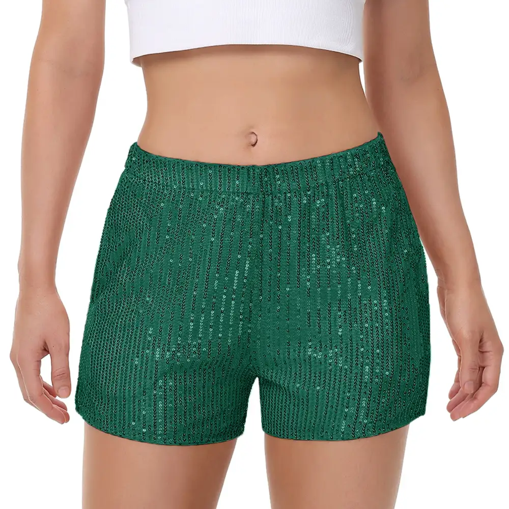 High-Waist Elastic-Waist Pocketed Straight Sequin Shorts