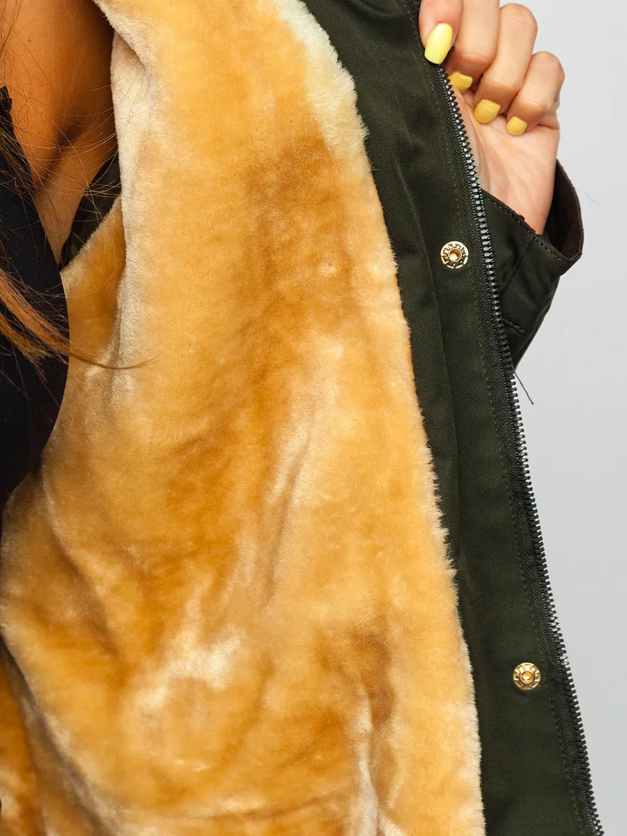 Khaki women's winter parka jacket with hood